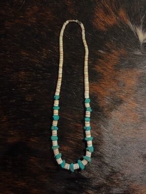 Turquoise Chip and White Shell Heishi Bead Necklace -
